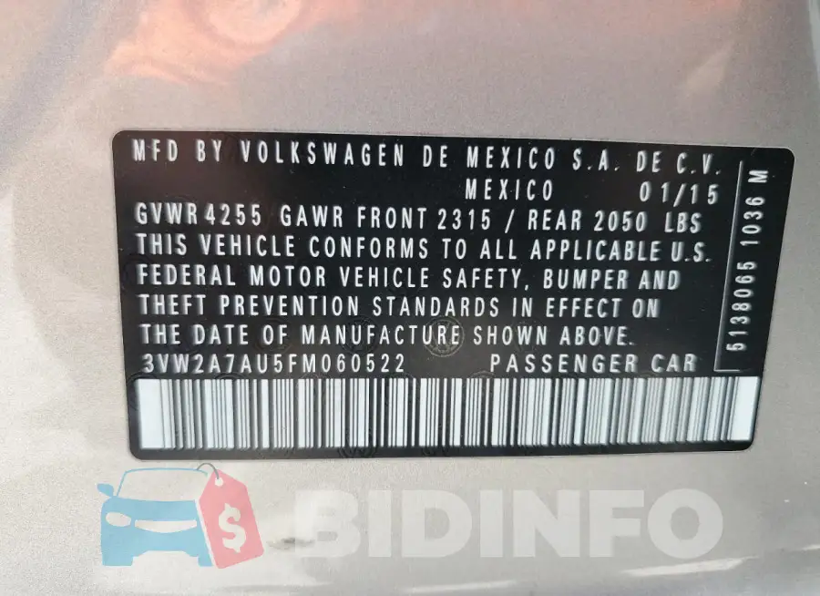 3VW2A7AU5FM060522 Photo# 12
