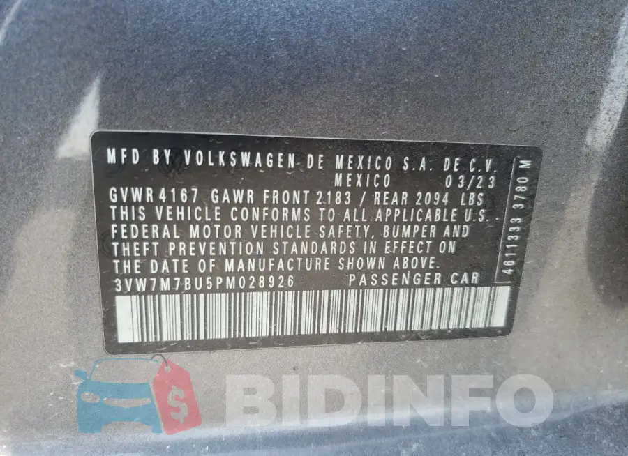 3VW7M7BU5PM028926 Photo# 12