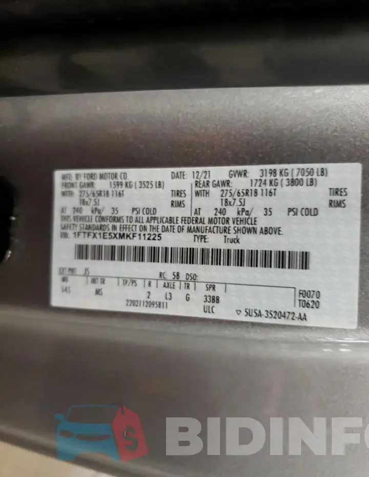 1FTFX1E5XMKF11225 Photo# 12