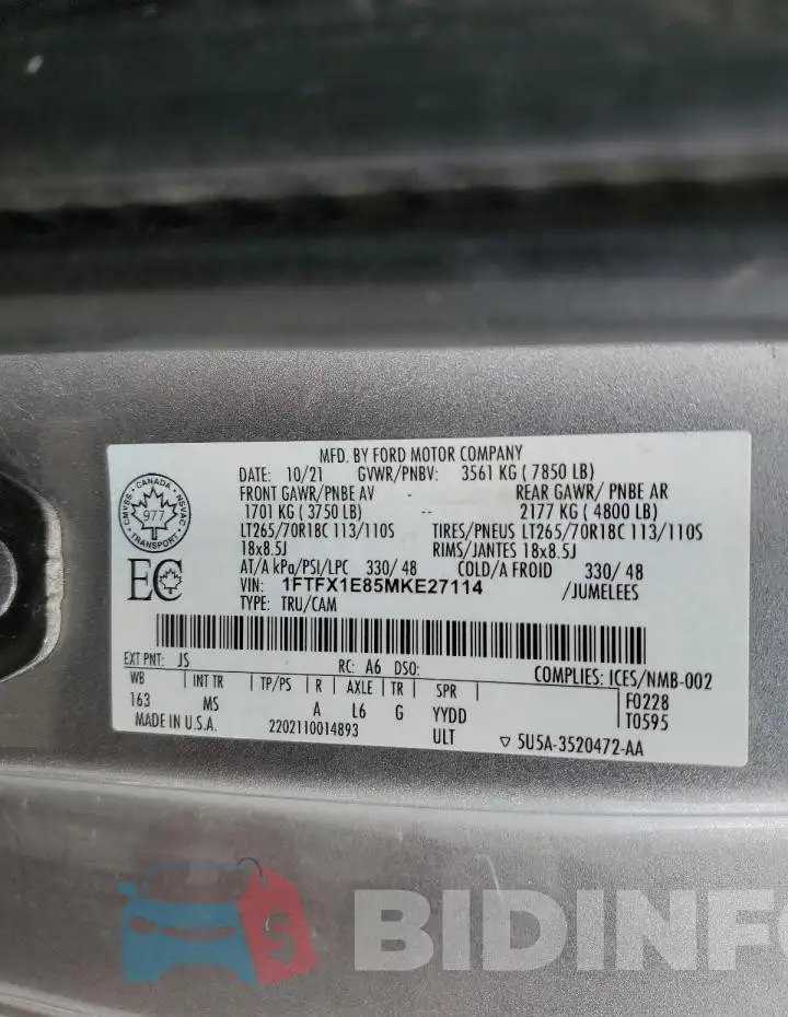 1FTFX1E85MKE27114 Photo# 13