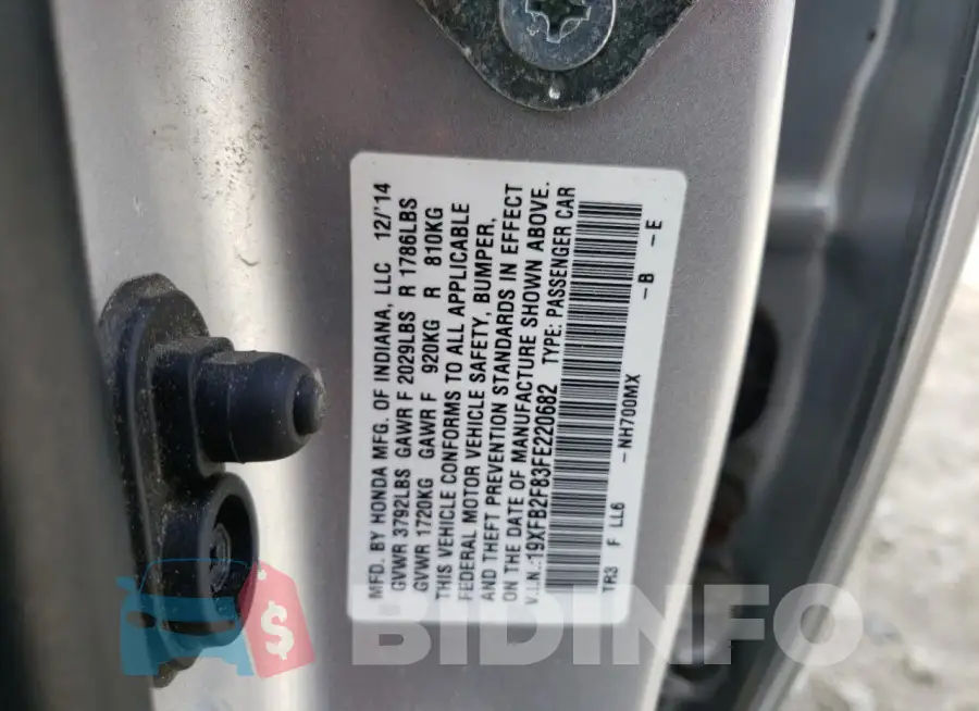 19XFB2F83FE220682 Photo# 12