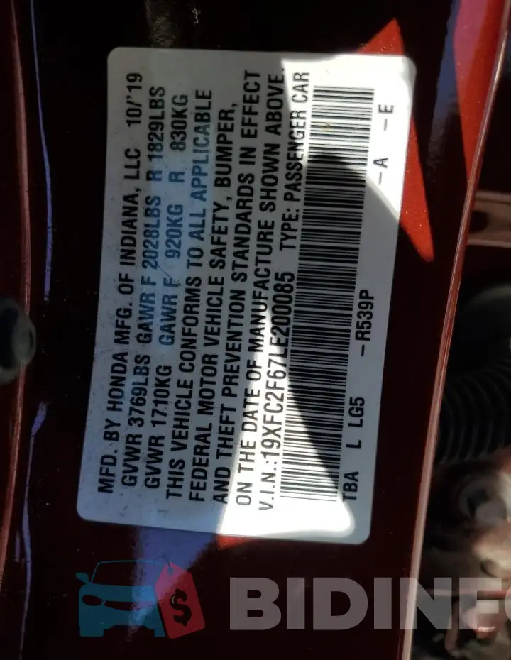 19XFC2F67LE200085 Photo# 13