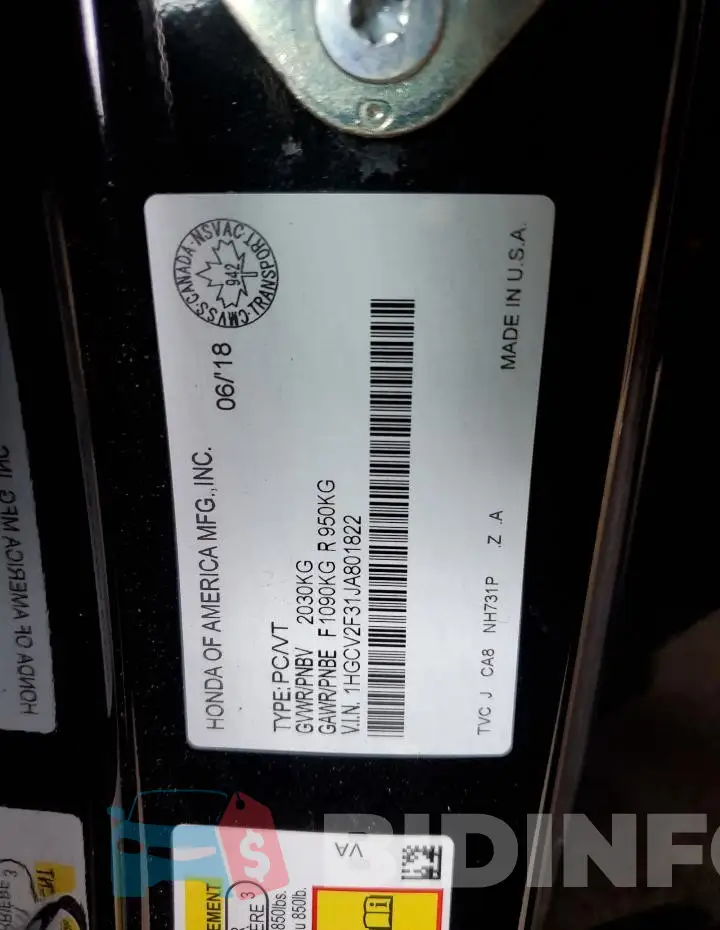 1HGCV2F31JA801822 Photo# 12