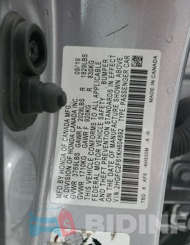 2HGFC2F61KH604892 Photo# 13