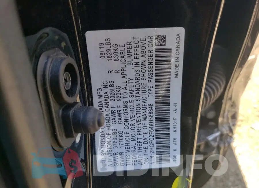 2HGFC2F64KH588848 Photo# 13