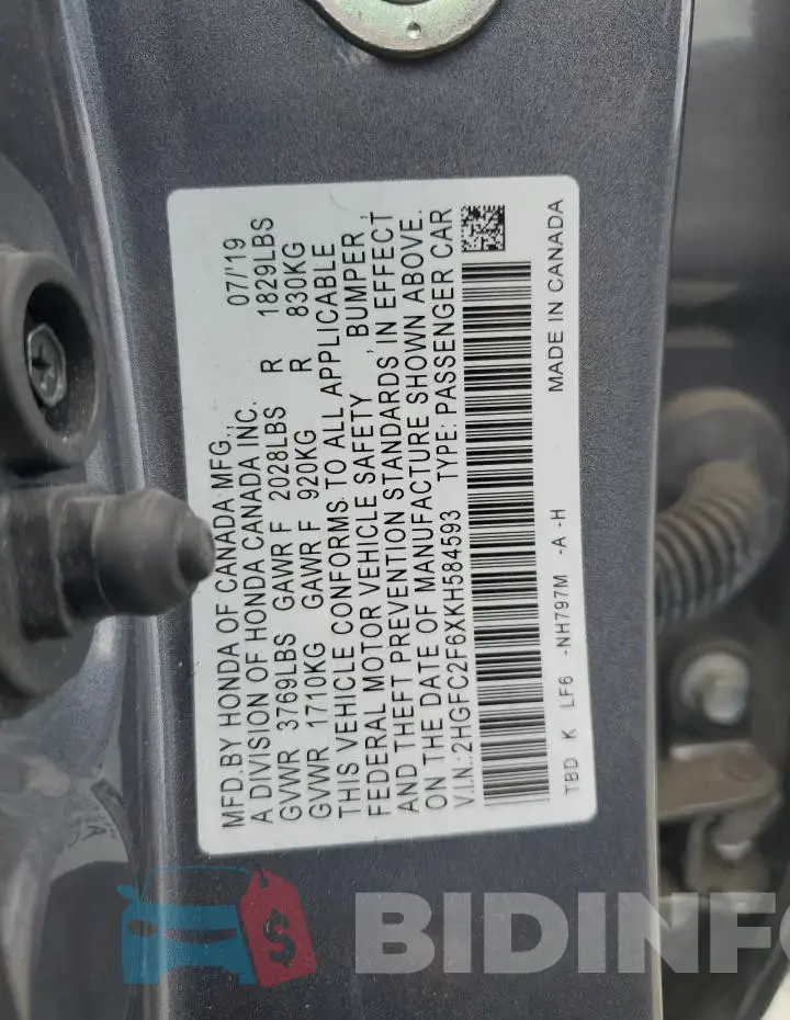 2HGFC2F6XKH584593 Photo# 13