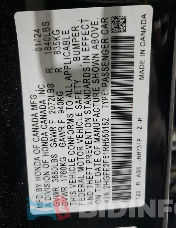 2HGFE2F51RH550182 Photo# 12