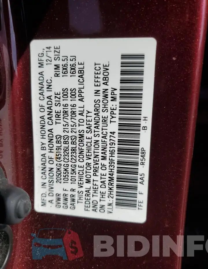2HKRM4H39FH619774 Photo# 13