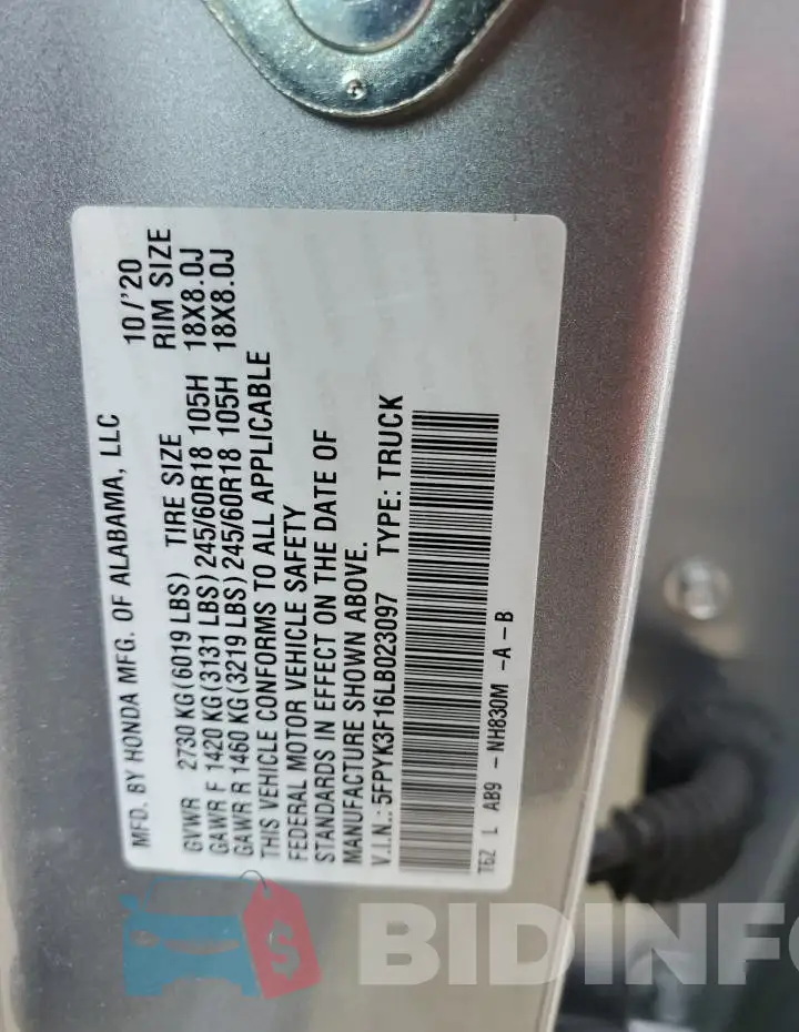 5FPYK3F16LB023097 Photo# 13