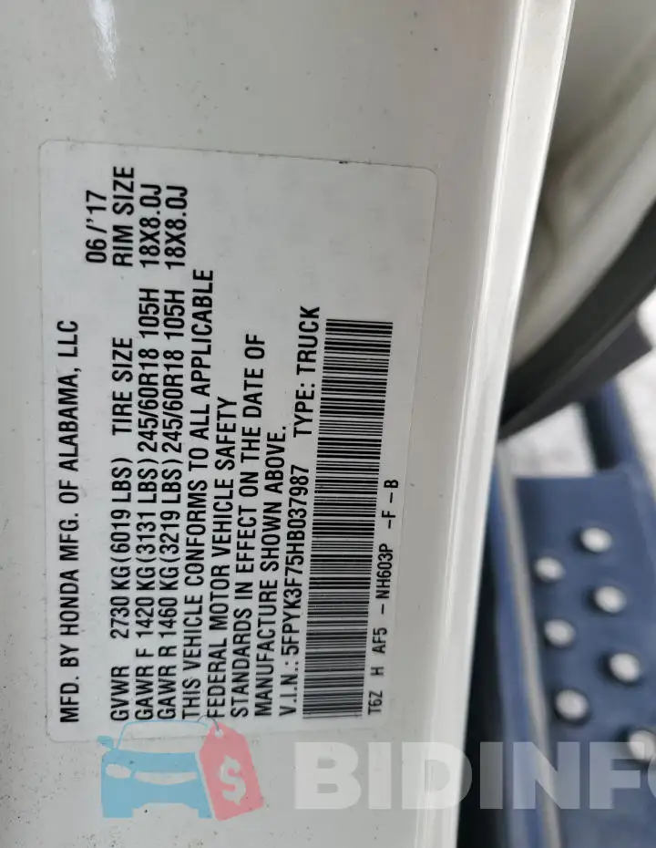 5FPYK3F75HB037987 Photo# 13