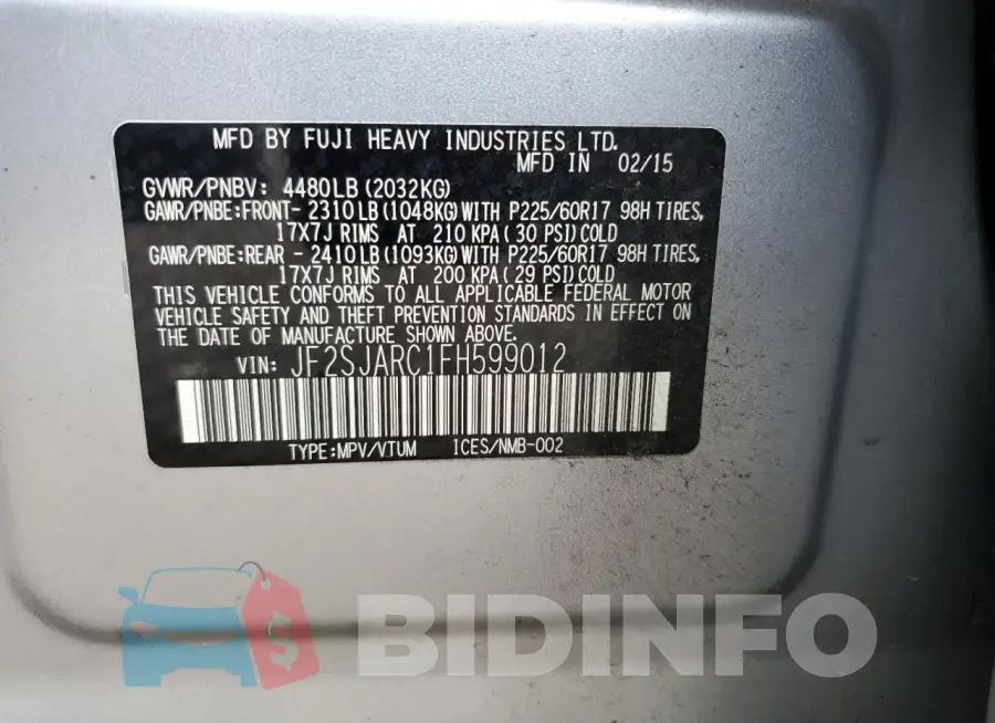 JF2SJARC1FH599012 Photo# 13