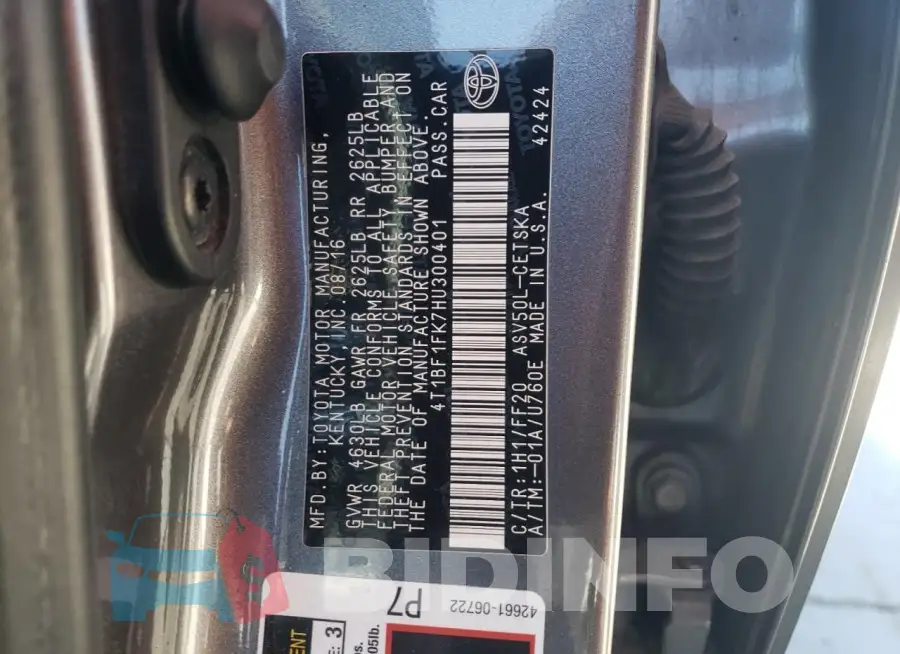 4T1BF1FK7HU300401 Photo# 13