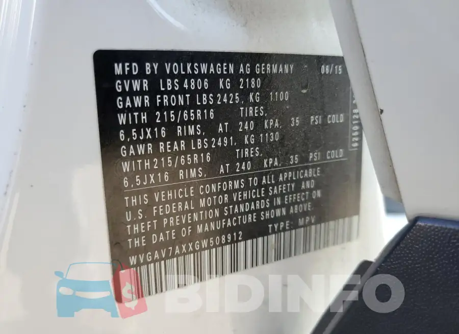 WVGAV7AXXGW508912 Photo# 13