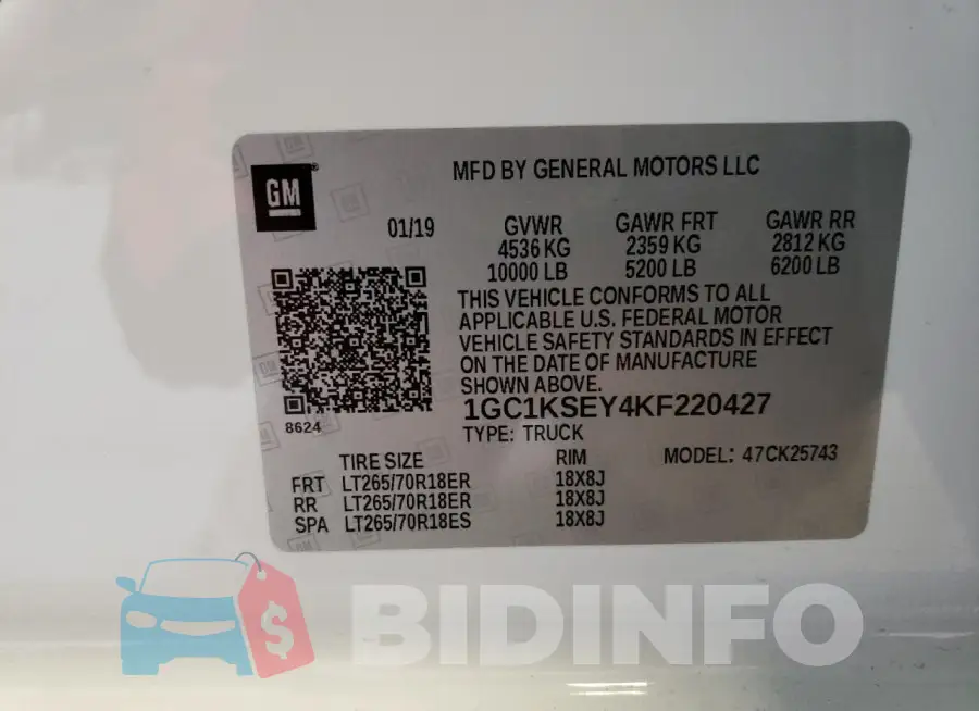 1GC1KSEY4KF220427 Photo# 12