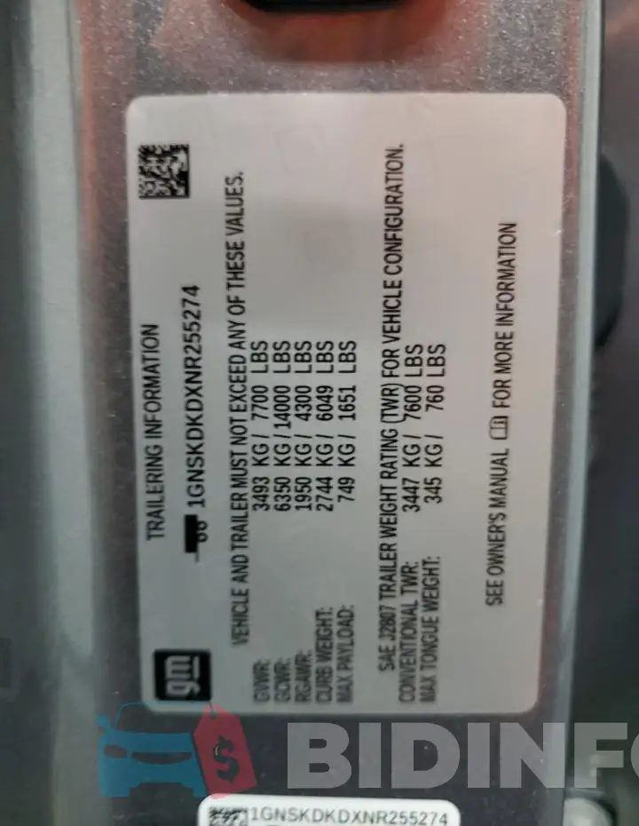 1GNSKDKDXNR255274 Photo# 13