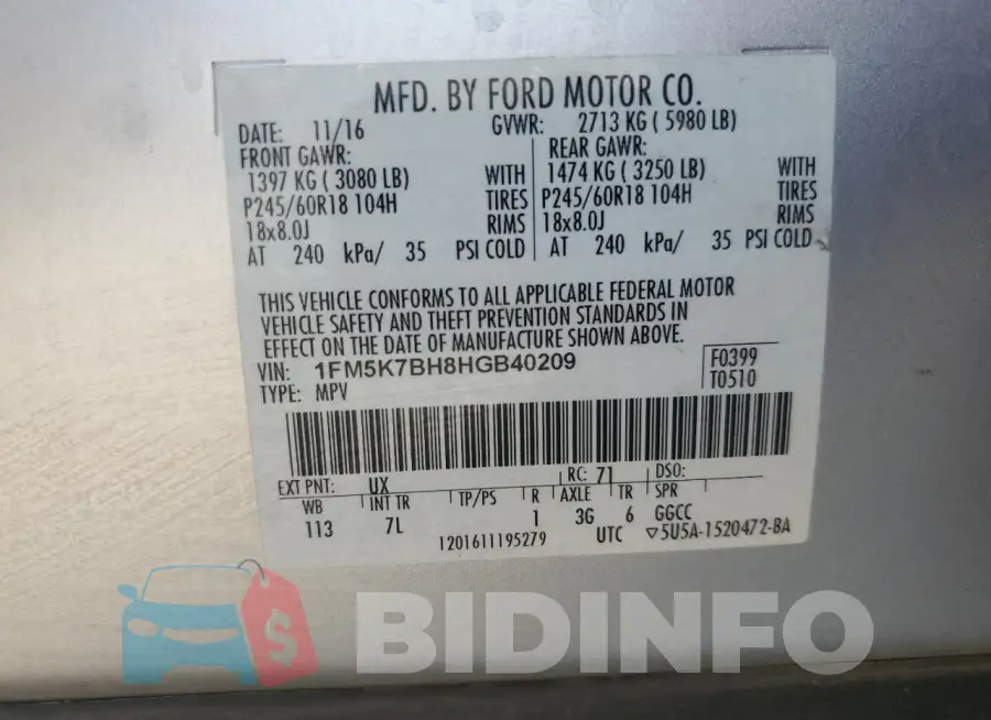 1FM5K7BH8HGB40209 Photo# 13