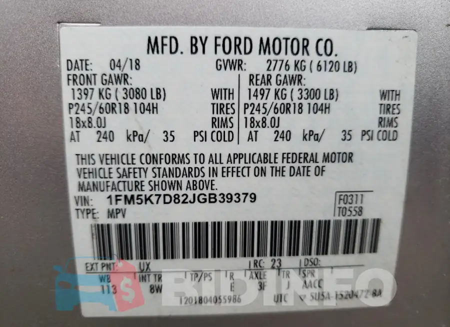 1FM5K7D82JGB39379 Photo# 14