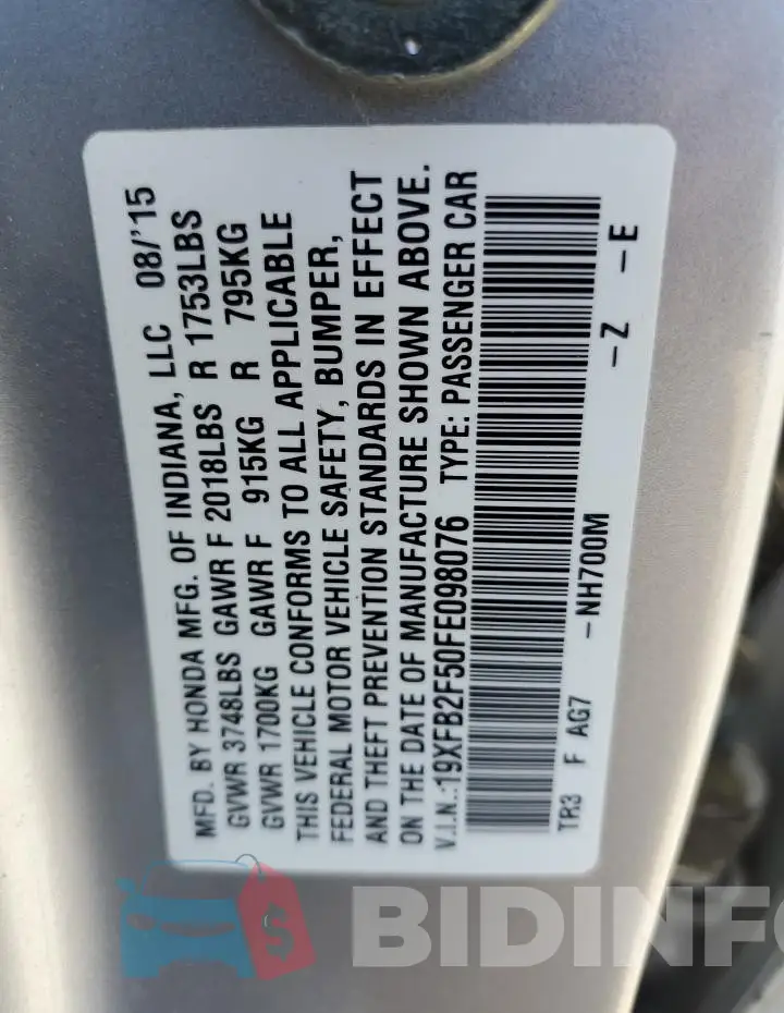 19XFB2F50FE098076 Photo# 12
