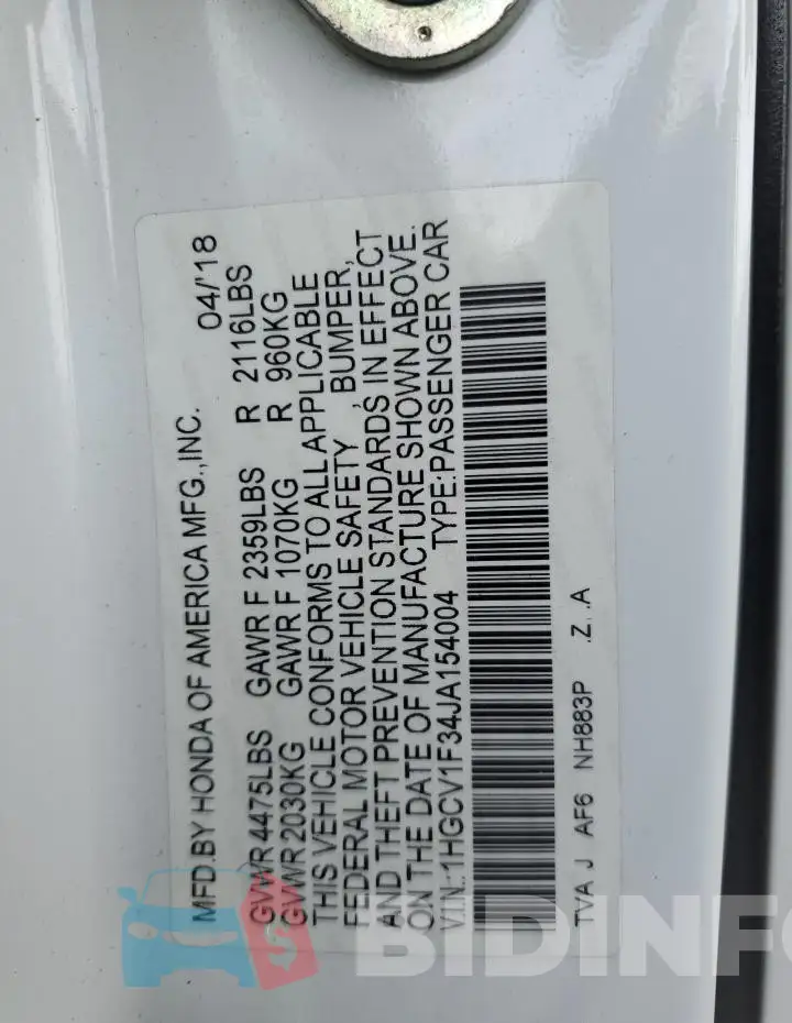 1HGCV1F34JA154004 Photo# 13