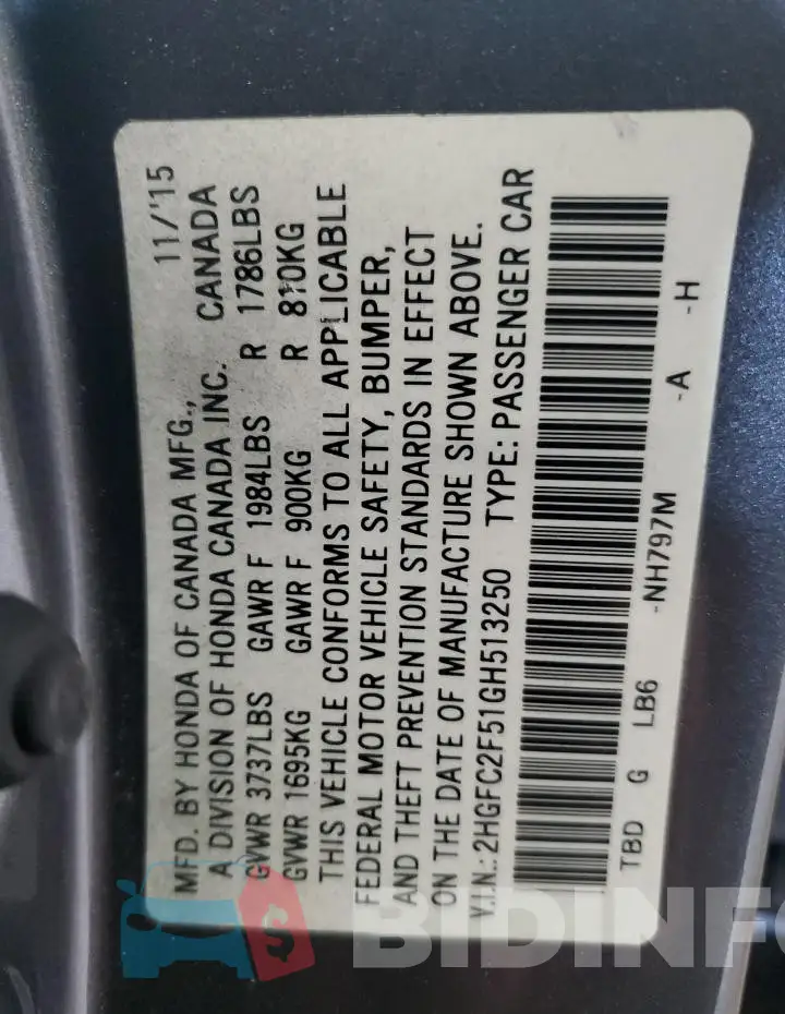 2HGFC2F51GH513250 Photo# 13