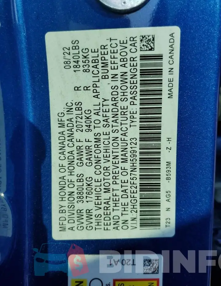 2HGFE2F57NH599123 Photo# 12