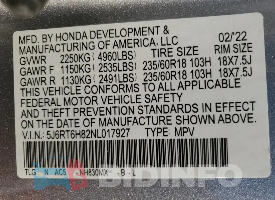 5J6RT6H82NL017927 Photo# 13