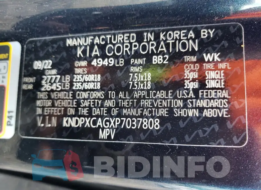 KNDPXCAGXP7037808 Photo# 14