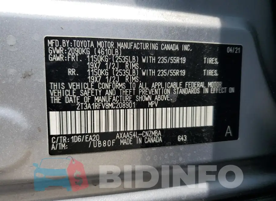2T3A1RFV8MC208901 Photo# 13