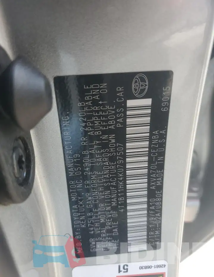 4T1B11HK4KU797507 Photo# 12