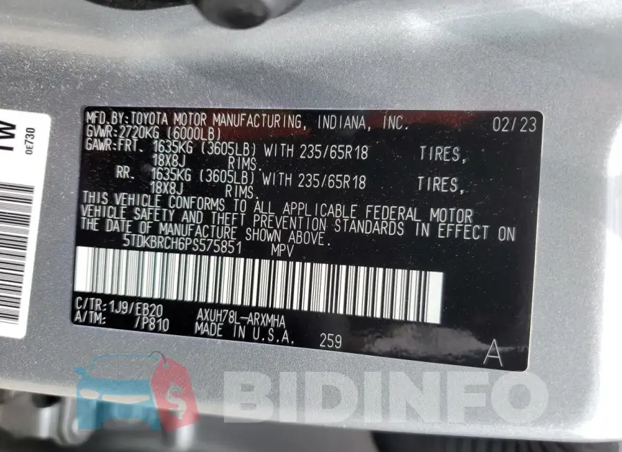 5TDKBRCH6PS575851 Photo# 14