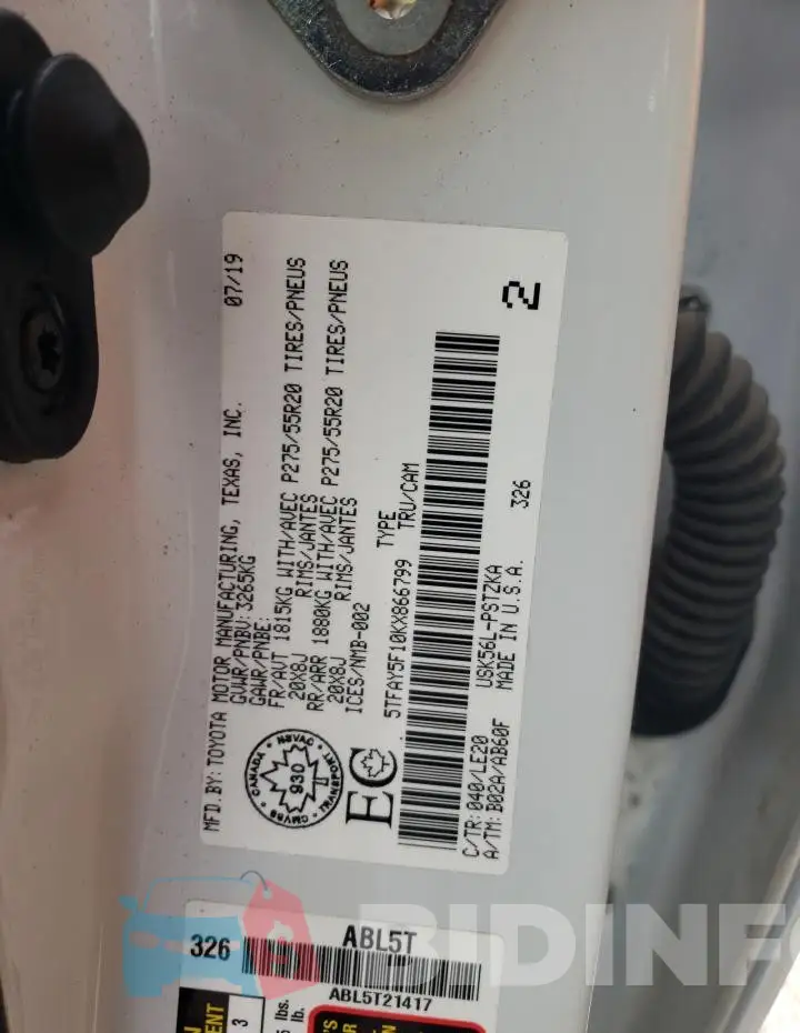 5TFAY5F10KX866799 Photo# 12