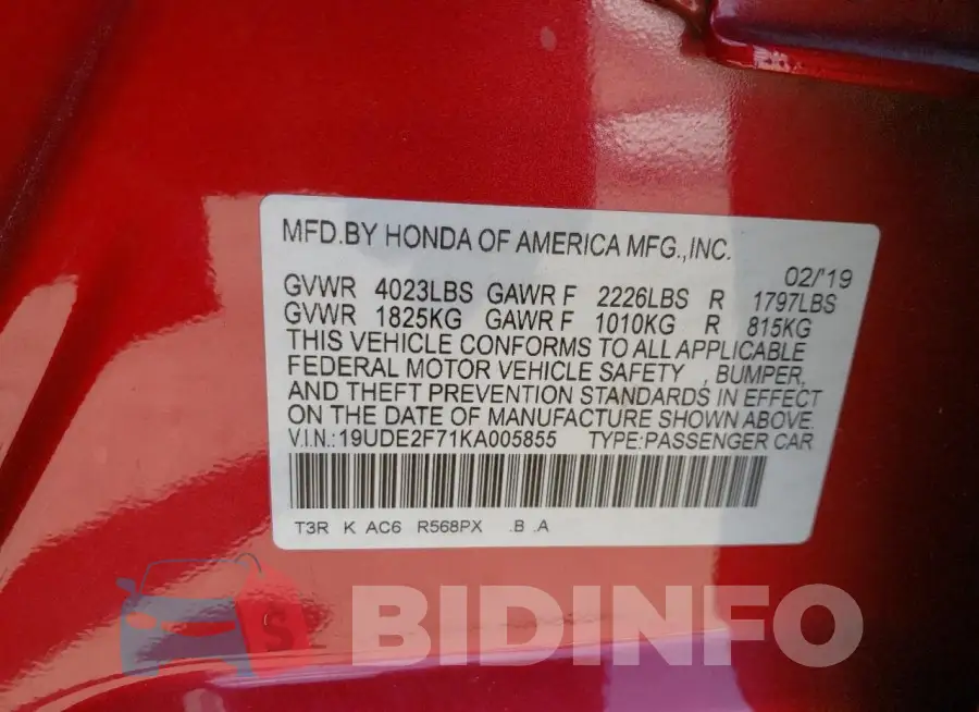 19UDE2F71KA005855 Photo# 12