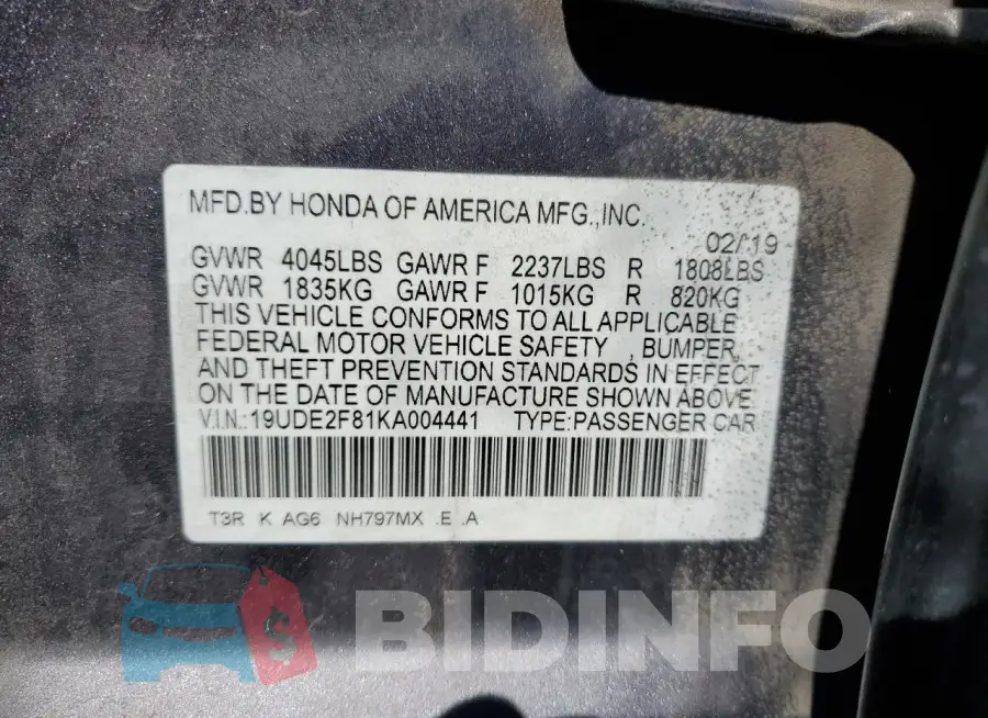 19UDE2F81KA004441 Photo# 12