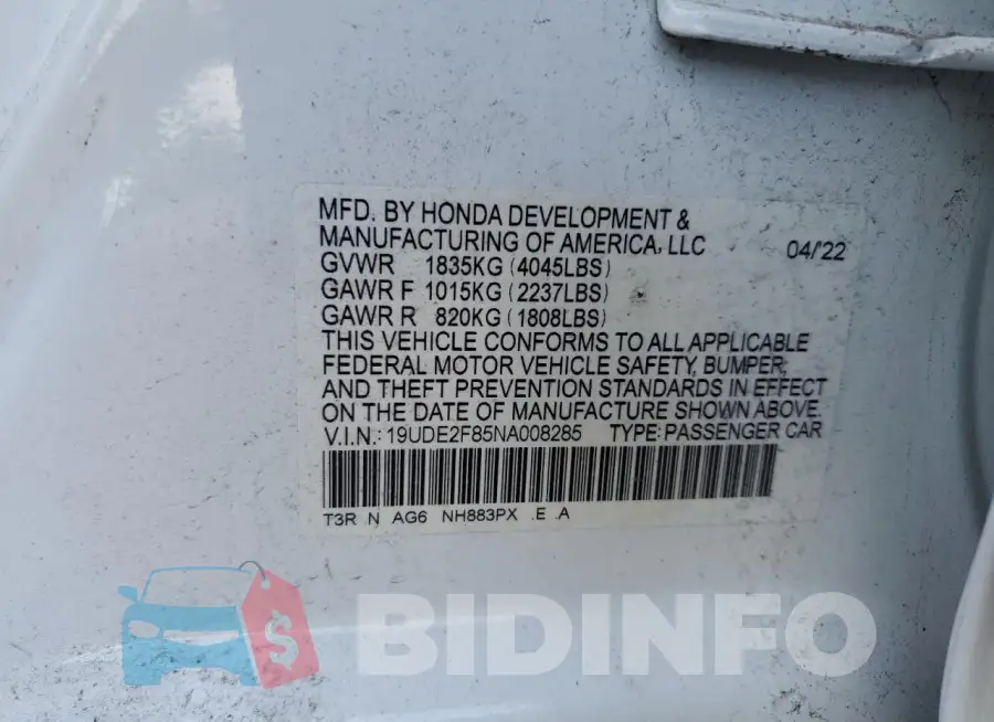 19UDE2F85NA008285 Photo# 12