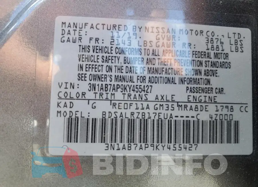 3N1AB7AP9KY455427 Photo# 13
