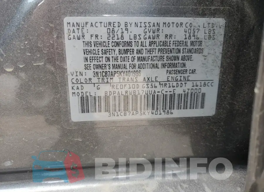 3N1CB7AP5KY401986 Photo# 12