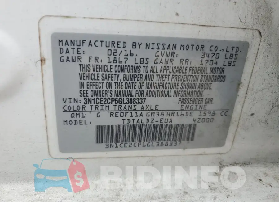 3N1CE2CP6GL388337 Photo# 12