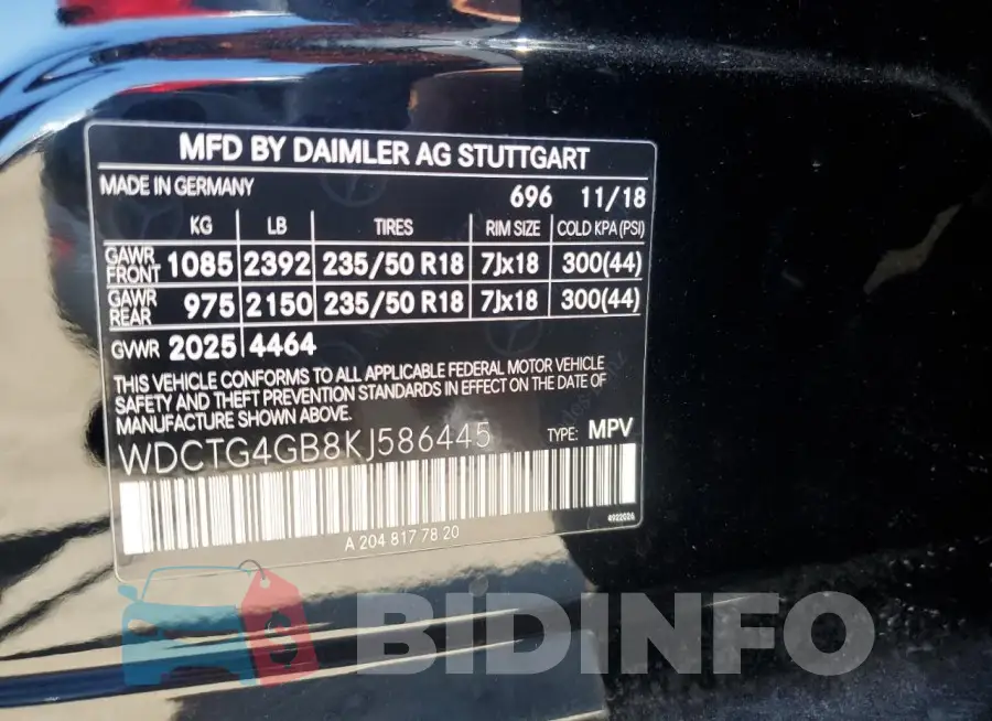 WDCTG4GB8KJ586445 Photo# 13