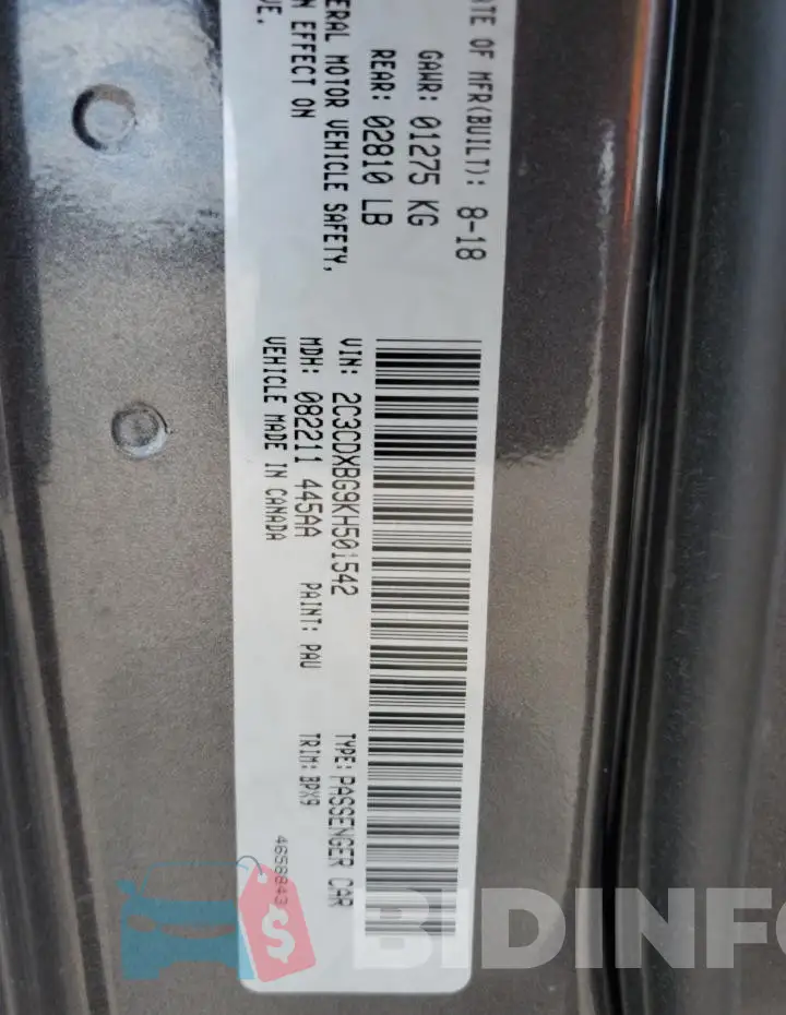 2C3CDXBG9KH501542 Photo# 12