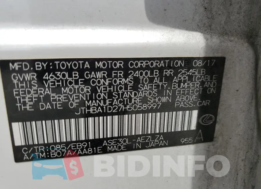 JTHBA1D27H5058997 Photo# 13