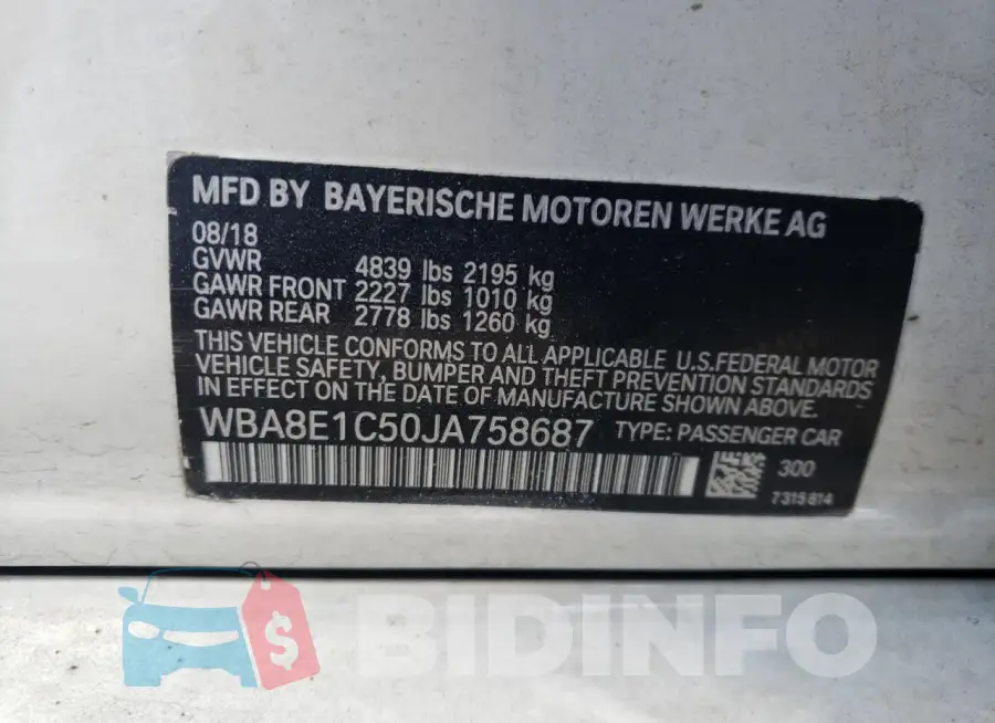 WBA8E1C50JA758687 Photo# 12