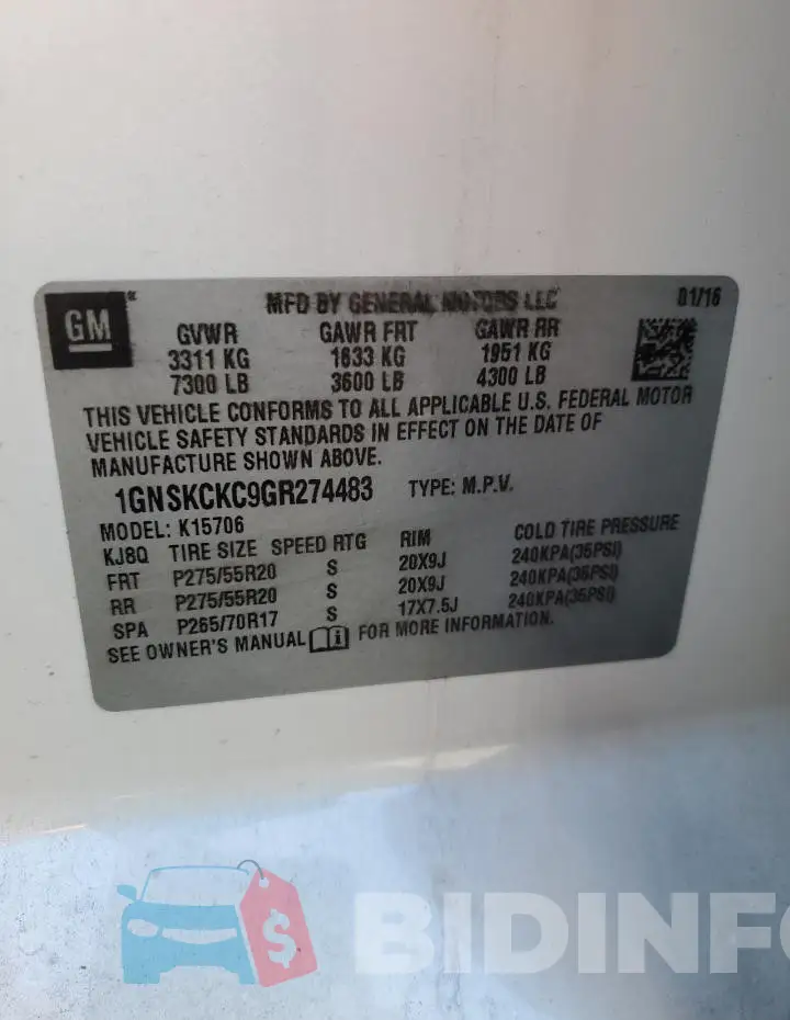 1GNSKCKC9GR274483 Photo# 13
