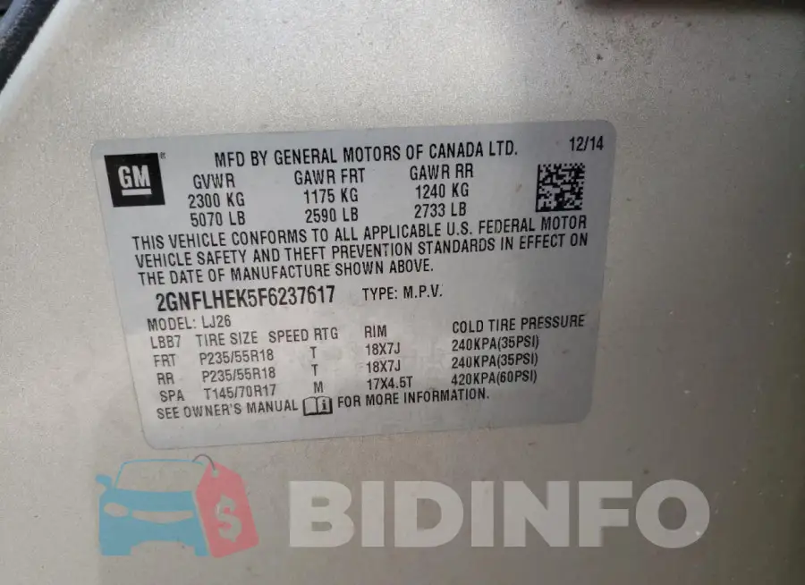 2GNFLHEK5F6237617 Photo# 12