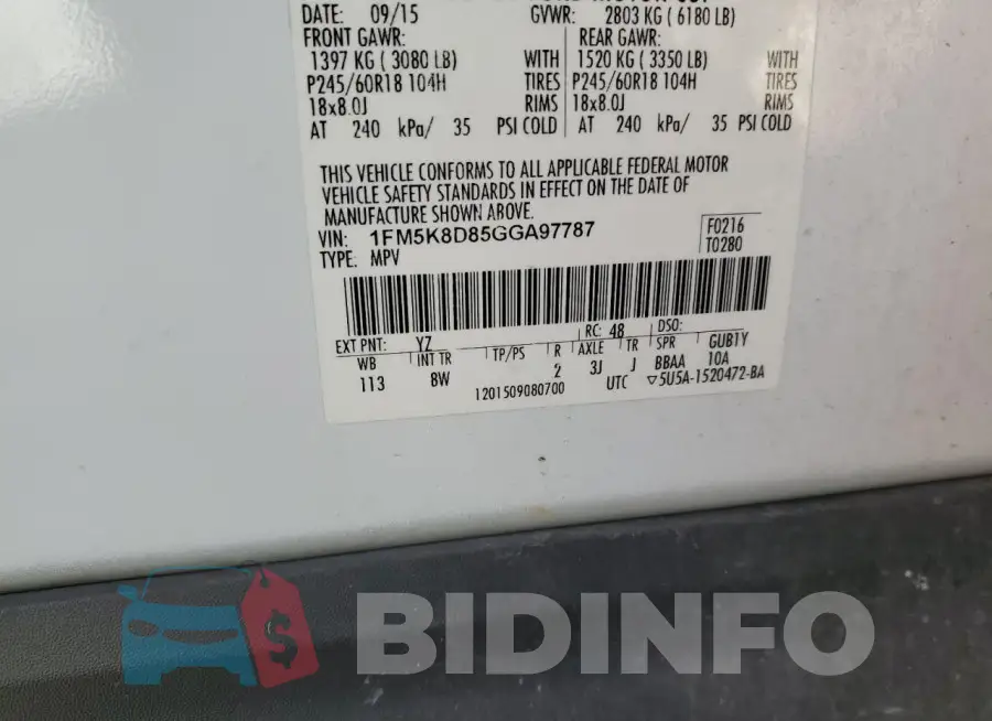 1FM5K8D85GGA97787 Photo# 14