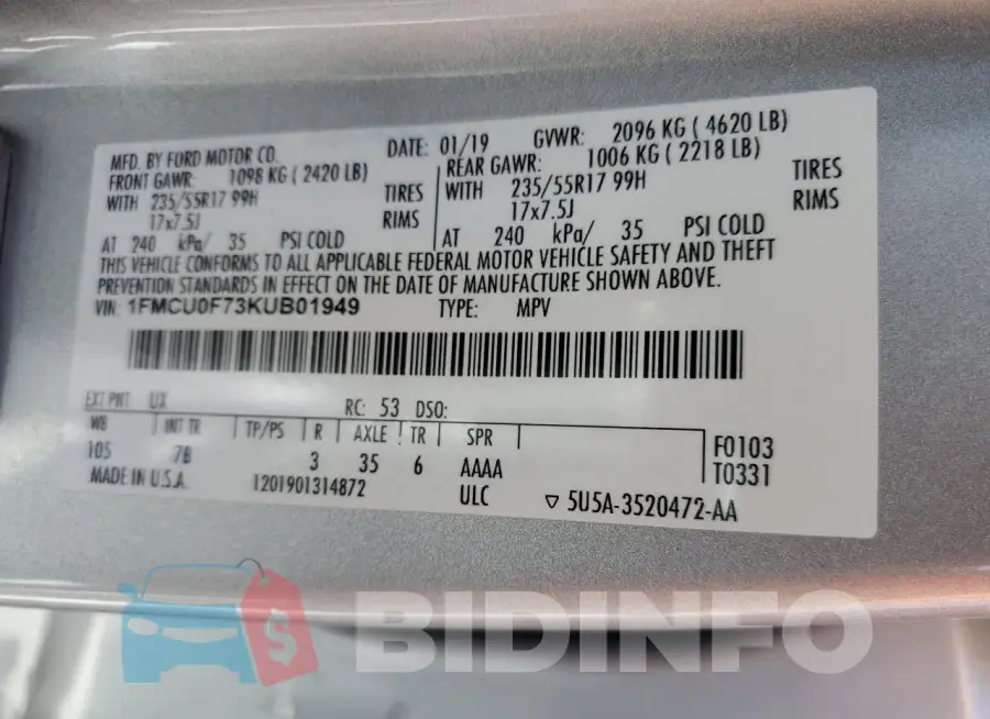 1FMCU0F73KUB01949 Photo# 13