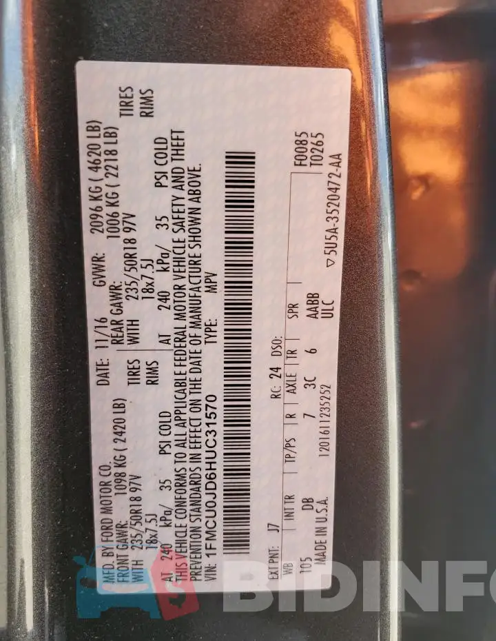 1FMCU0JD6HUC31570 Photo# 12