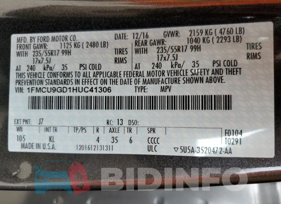 1FMCU9GD1HUC41306 Photo# 12