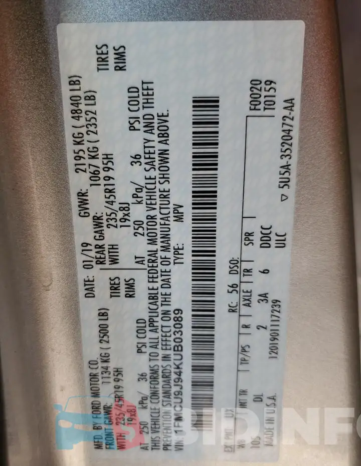 1FMCU9J94KUB03089 Photo# 13