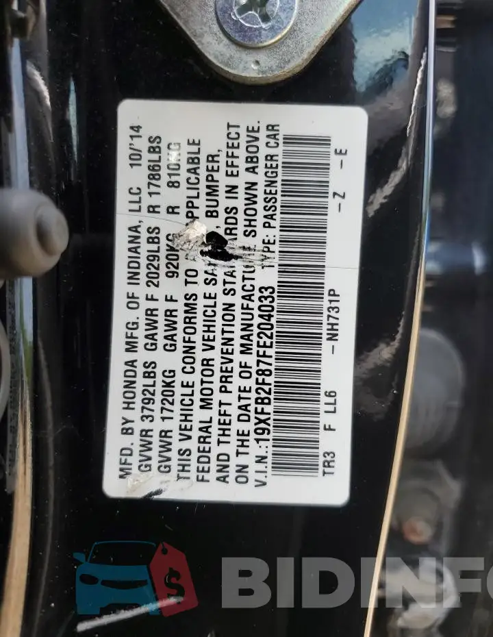 19XFB2F87FE204033 Photo# 12