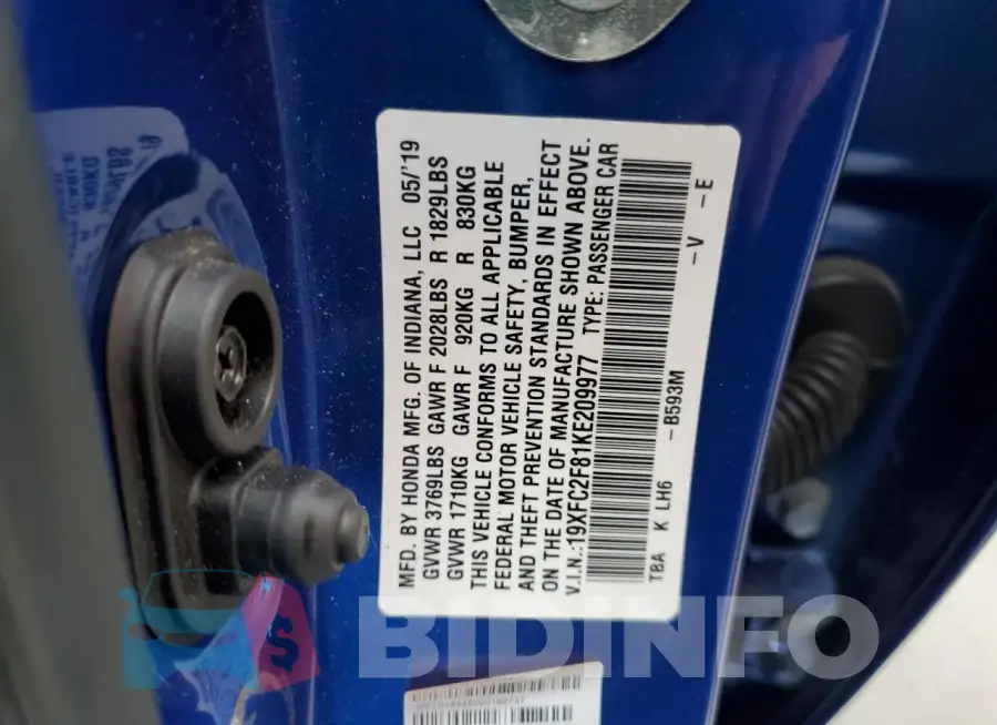 19XFC2F81KE209977 Photo# 12